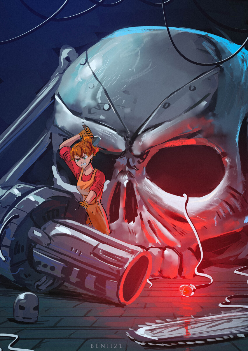 1girl, absurdres, artist_name, assembling, benii21, blue_eyes, cable, cannon