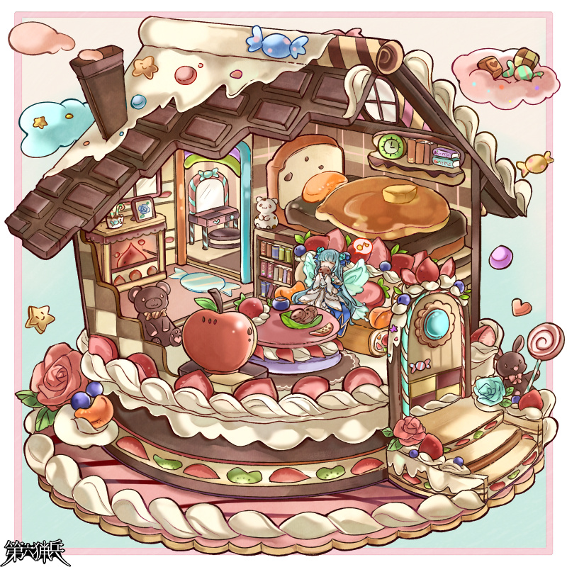 1girl, apple, bed, blue_hair, book, bookshelf, border, cake