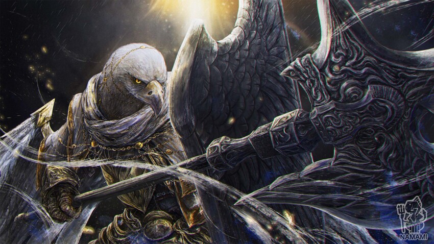 1boy, animal_head, beak, bird_boy, chain, commentary_request, elden_ring, gold_chain