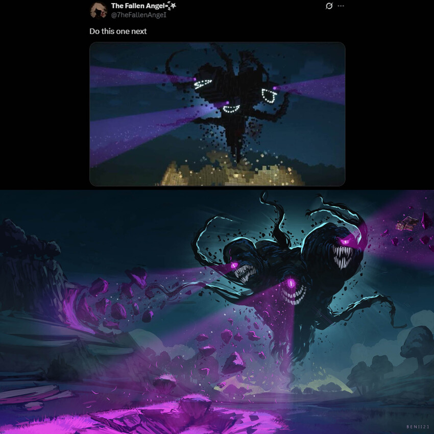 artist_name, benii21, debris, eldritch_abomination, highres, minecraft, minecraft:_story_mode, monster, monster_focus, multiple_heads, purple_eyes, reference_inset, shadow_monster, sharp_teeth, slit_pupils, teeth, tendril, tractor_beam, wither_storm_(minecraft:_story_mode)