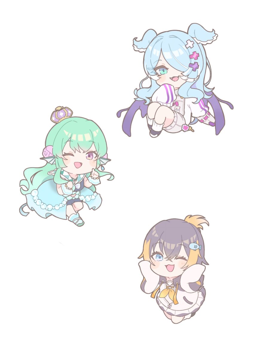 3girls, :d, black_hair, blonde_hair, blue_hair, blush, chibi, commentary