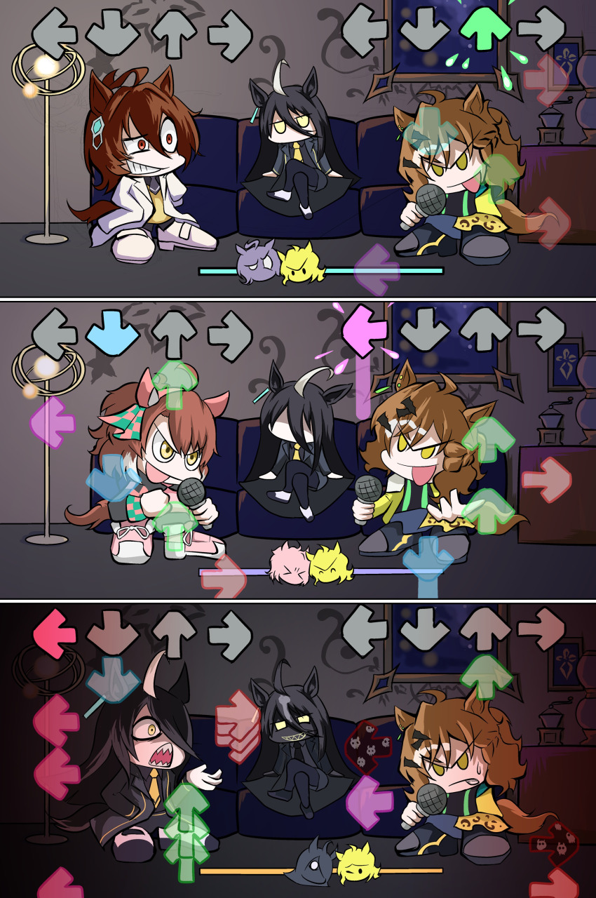 >_<, 5girls, ^_^, absurdres, agnes_tachyon_(umamusume), ahoge, animal_ears, arrow_(symbol), black_hair, brown_hair, chibi, chibi_only, clenched_teeth, closed_eyes, closed_mouth, coat, commentary_request, couch, dantsu_flame_(umamusume), faceless, faceless_female, friday_night_funkin', friday_night_funkin'_(style), gameplay_mechanics, grin, hair_between_eyes, hand_in_pocket, highres, holding, holding_microphone, horse_ears, horse_girl, horse_tail, indoors, jungle_pocket_(umamusume), long_hair_between_eyes, long_sleeves, looking_at_another, manhattan_cafe_(umamusume), microphone, multicolored_hair, multiple_girls, necktie, no_pupils, okubomasau, on_couch, open_mouth, original, parody, partially_shaded_face, personification, pocket, real_life, red_eyes, sharp_teeth, shoes, sitting, smile, standing, style_parody, sunday_silence_(racehorse), tail, teeth, two-tone_hair, umamusume, uneven_eyes, user_interface, v-shaped_eyebrows, wide-eyed, yellow_eyes