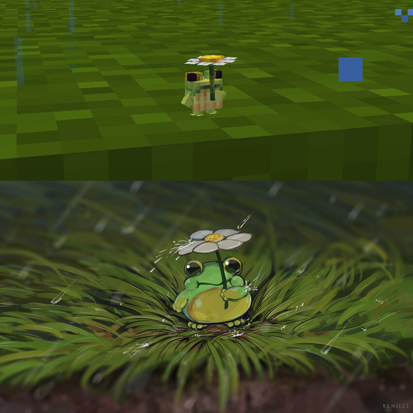artist_name, benii21, commentary, creature, creature_focus, daisy_(flower), english_commentary, flower, flower_umbrella, frog, frog_(minecraft), grass, highres, minecraft, no_humans, plump, rain, reference_inset, smile, yellow_eyes