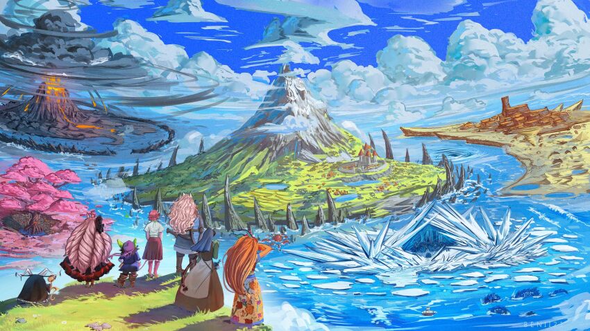 6+others, absurdres, ambiguous_gender, benii21, castle, cloud, cloudy_sky, commentary