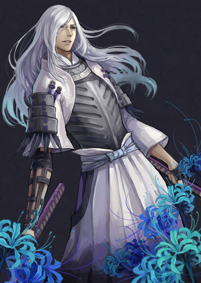 1boy, akechi_mitsuhide_(sengoku_basara), armor, blue_flower, blue_spider_lily, dual_wielding, flower, highres, holding, katana, long_hair, male_focus, red_flower, sakenomi, sengoku_basara, solo, spider_lily, sword, tenkai_(sengoku_basara), weapon, white_hair