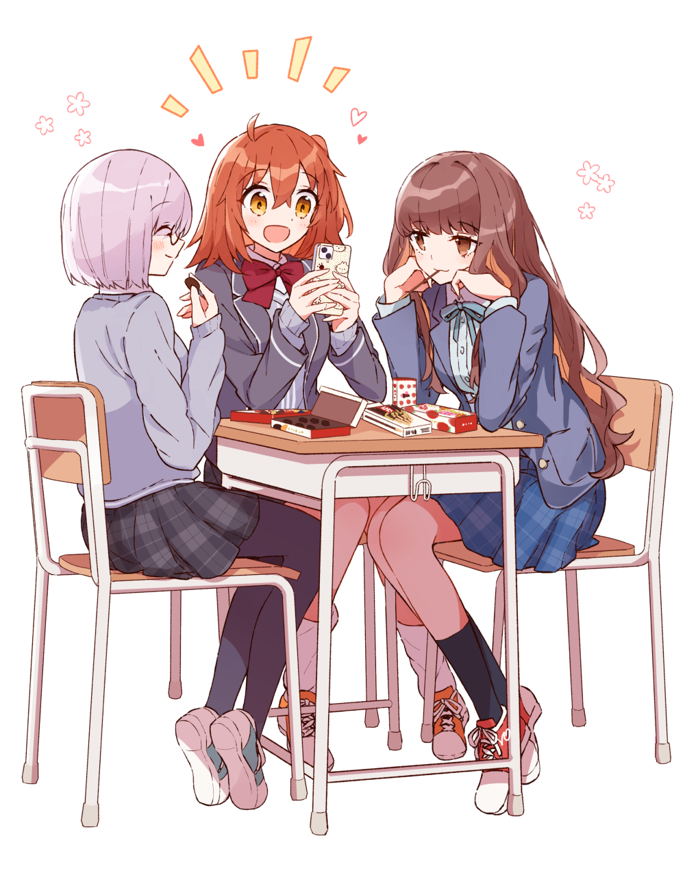 3girls, blush, brown_eyes, brown_hair, chair, chocolate, closed_eyes, commentary