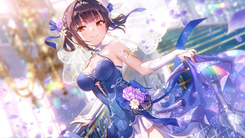>:), 1girl, arm_strap, bare_shoulders, blue_dress, blue_ribbon, blunt_bangs, blurry, blurry_background, blush, breasts, bridal_gauntlets, cleavage, closed_mouth, cowboy_shot, detached_collar, dress, dress_flower, dutch_angle, earrings, eyelashes, falling_petals, floating_hair, floral_print, floral_print_dress, flower, glint, hair_flower, hair_intakes, hair_ornament, hair_ribbon, heaven_burns_red, highres, holding_own_dress, indoors, jewelry, large_breasts, li_yingxia, li_yingxia_(azure_gorgeous_beauty), light_particles, lips, long_dress, looking_at_viewer, medium_hair, official_alternate_costume, official_art, orange_eyes, petals, print_dress, purple_flower, purple_rose, ribbon, rose, rose_petals, rose_print, sidelocks, skindentation, sleeveless, sleeveless_dress, smile, solo, stairs, v-shaped_eyebrows, veil, white_bridal_gauntlets, white_tiara, white_veil, yellow_flower