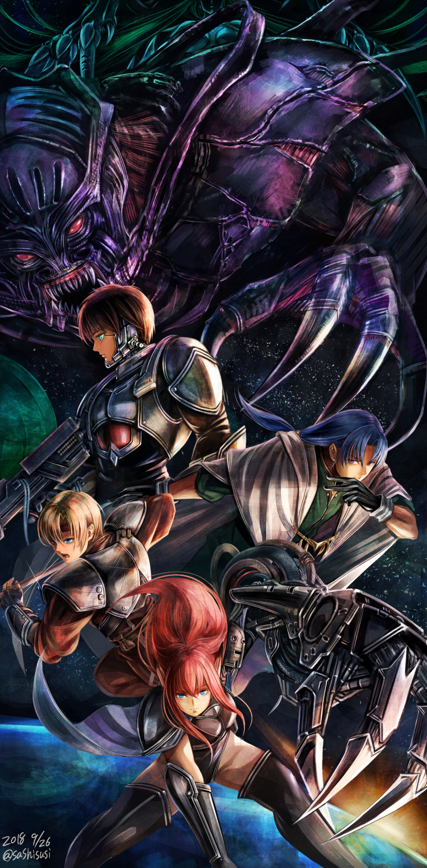 1girl, 3boys, absurdres, android, aqua_eyes, armor, black_boots, black_gloves