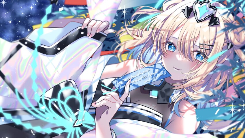 1girl, blonde_hair, blue_eyes, blue_hair, blue_ribbon, breasts, cleavage, closed_mouth