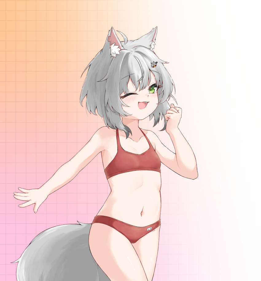 1girl, ;d, absurdres, animal_ear_fluff, animal_ears, bra, breasts, clenched_hand, colored_tips, fang, gradient_background, green_eyes, grey_hair, grid_background, hand_up, highres, kamizuki_naki, loli, looking_at_viewer, multicolored_hair, navel, notched_ear, one_eye_closed, open_mouth, orange_background, outstretched_arm, panties, pink_background, prism_project, red_bra, red_panties, short_hair, simple_background, small_breasts, smile, stomach, tail, two-tone_hair, underwear, underwear_only, uts, virtual_youtuber, white_background, wolf_ears, wolf_girl, wolf_tail