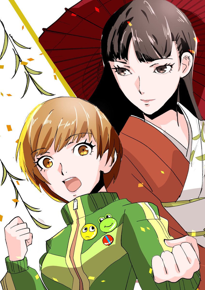 2girls, ajirostudio, amagi_yukiko, badge, black_hair, brown_eyes, brown_hair, button_badge, clenched_hands, closed_mouth, commentary_request, green_jacket, highres, holding, holding_umbrella, jacket, japanese_clothes, kimono, long_hair, long_sleeves, looking_at_viewer, multiple_girls, oil-paper_umbrella, open_mouth, persona, persona_4, red_kimono, satonaka_chie, short_hair, simple_background, umbrella, upper_body, white_background