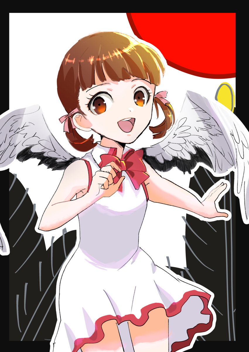 1girl, absurdres, ajirostudio, alternate_costume, bow, bowtie, brown_eyes, brown_hair, child, commentary_request, cowboy_shot, doujima_nanako, dress, feathered_wings, highres, looking_at_viewer, open_mouth, persona, persona_4, pink_bow, short_hair, short_twintails, smile, solo, twintails, white_dress, white_wings, wings