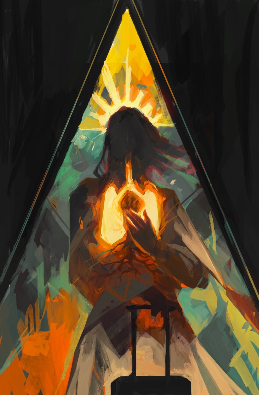 1girl, arm_behind_back, cowboy_shot, disco_elysium, dolores_dei, dora_ingerlund, dress, faceless, facing_viewer, glowing_organ, hand_up, highres, jay_(inkeyjay), long_hair, lungs, shaded_face, solo, suitcase, sun_behind_head, symbolism, triangle, white_dress