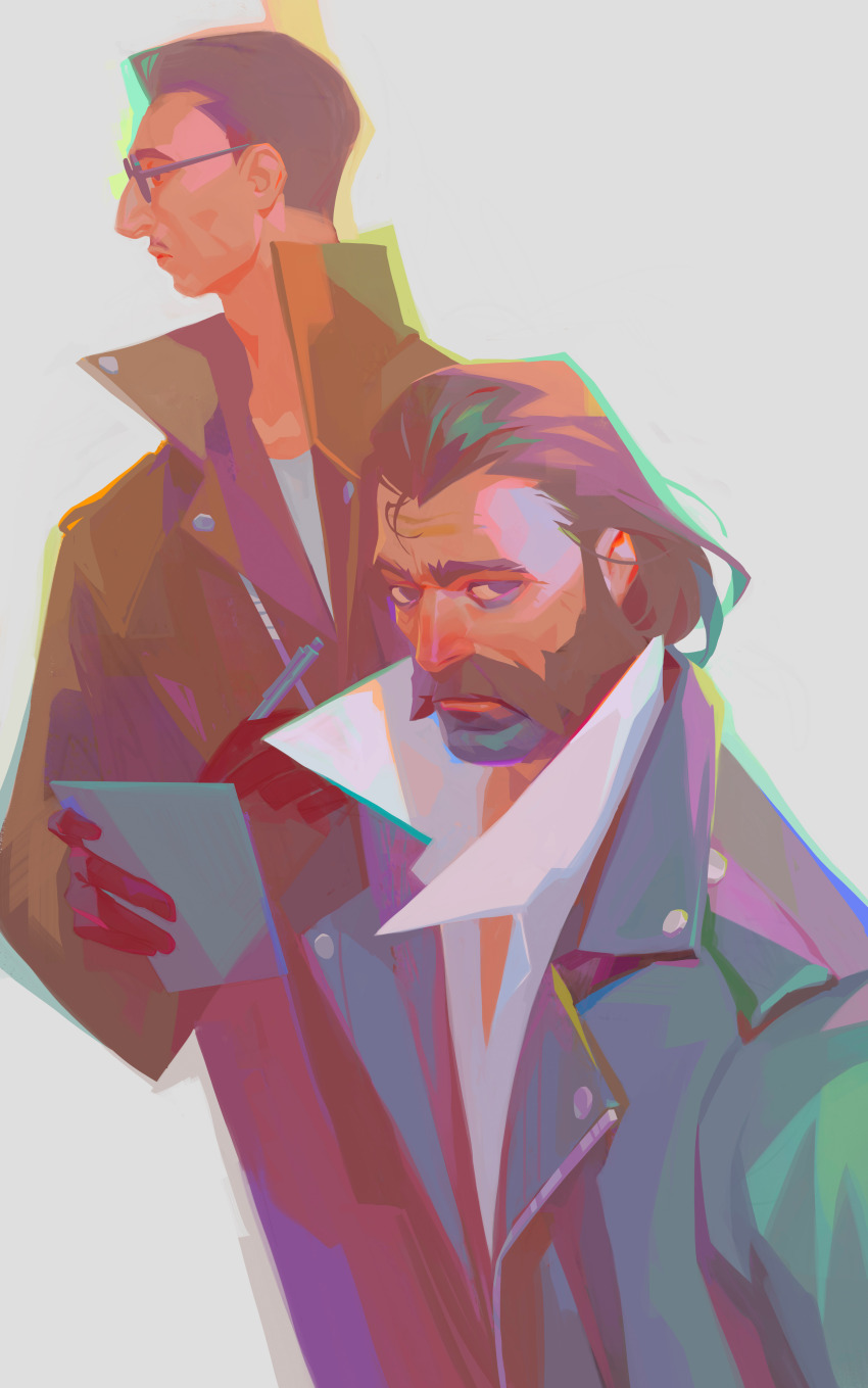 2boys, absurdres, aegyo_sal, chromatic_aberration, collared_shirt, disco_elysium, facial_hair, glasses