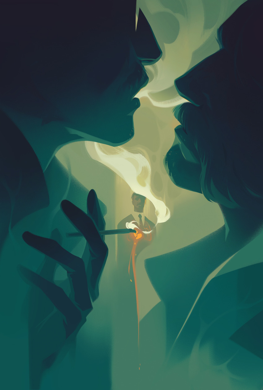 3boys, absurdres, cigarette, collared_shirt, disco_elysium, facial_hair, glasses, hand_up