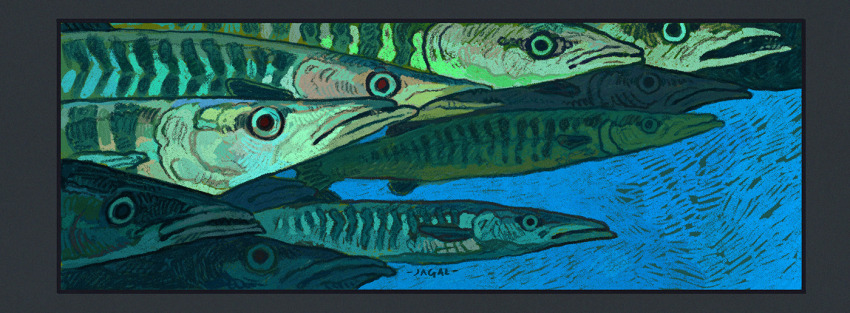 animal, animal_focus, barracuda, border, fish, from_side, full_body, grey_border