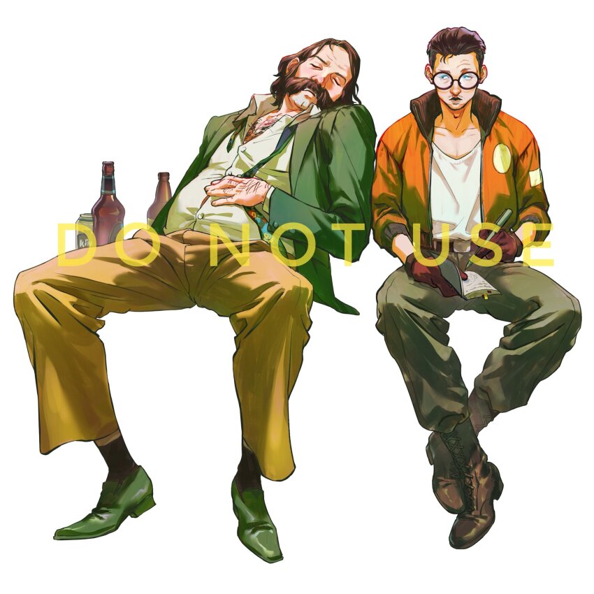 2boys, black_hair, blazer, bomber_jacket, bottle, brown_hair, chest_hair, collared_shirt