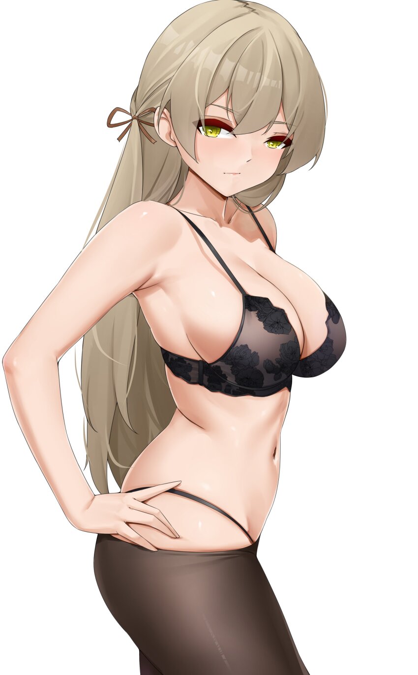 1girl, absurdres, black_bra, black_panties, bra, breasts, brown_hair, brown_pantyhose