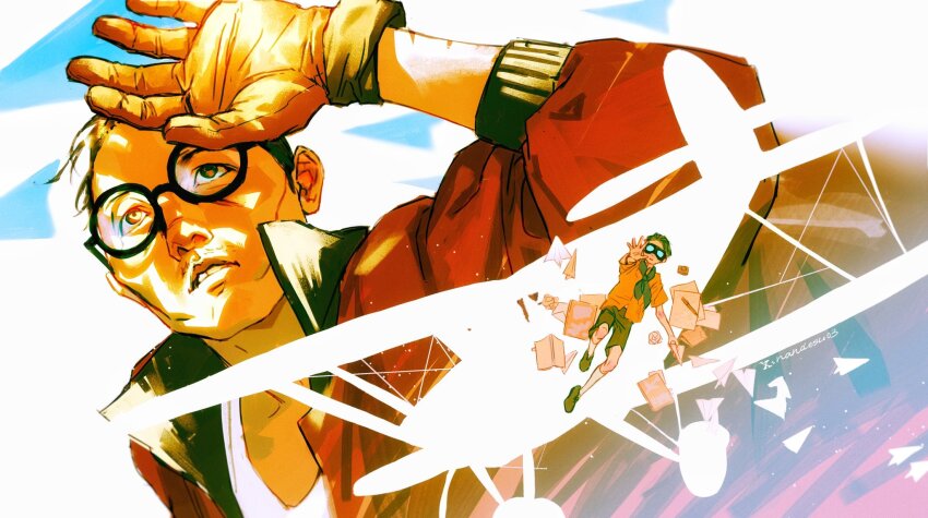 2boys, aged_down, aircraft, airplane, aviator_goggles, black_eyes, black_hair, bomber_jacket