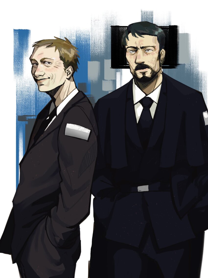 2boys, beard, black_hair, black_jacket, black_necktie, brown_hair, collared_shirt, cowboy_shot