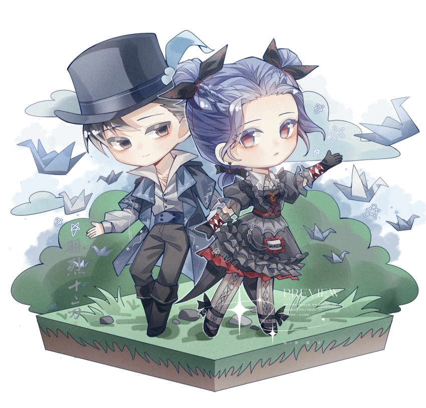 1boy, 1girl, ankle_bow, ankle_ribbon, black_boots, black_bow, black_dress, black_gloves