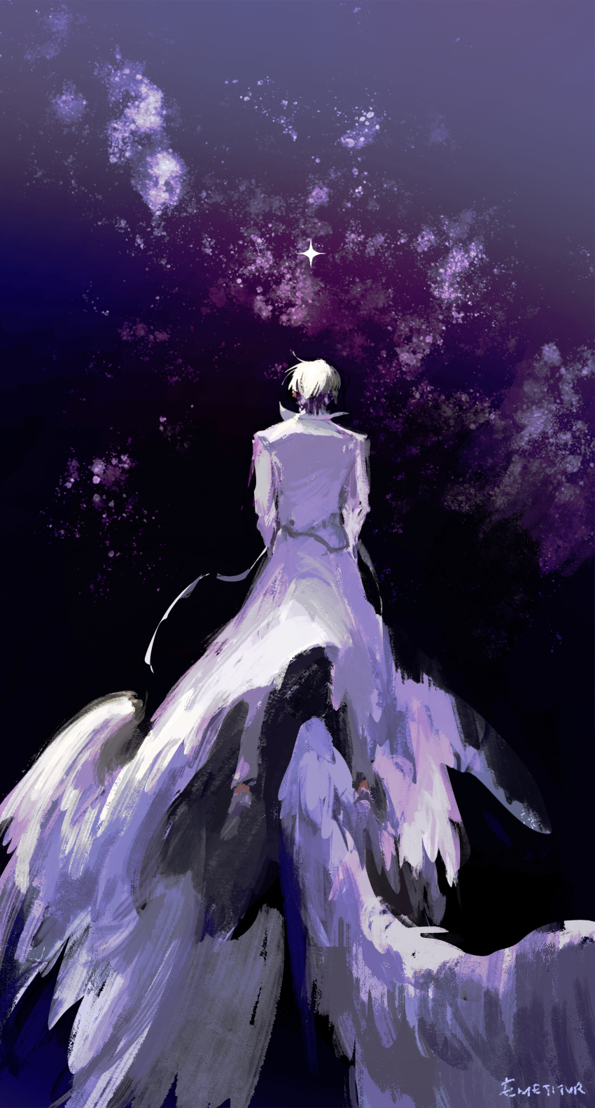 1boy, absurdres, black_hair, coat, commentary, emetitur, english_commentary, feathered_wings