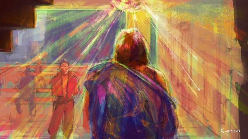 2boys, 2others, arms_behind_back, bomber_jacket, brown_hair, commentary, disco_ball, disco_elysium