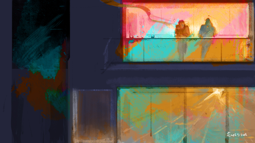 2boys, against_railing, balcony, disco_elysium, emetitur, harry_du_bois, highres, kim_kitsuragi