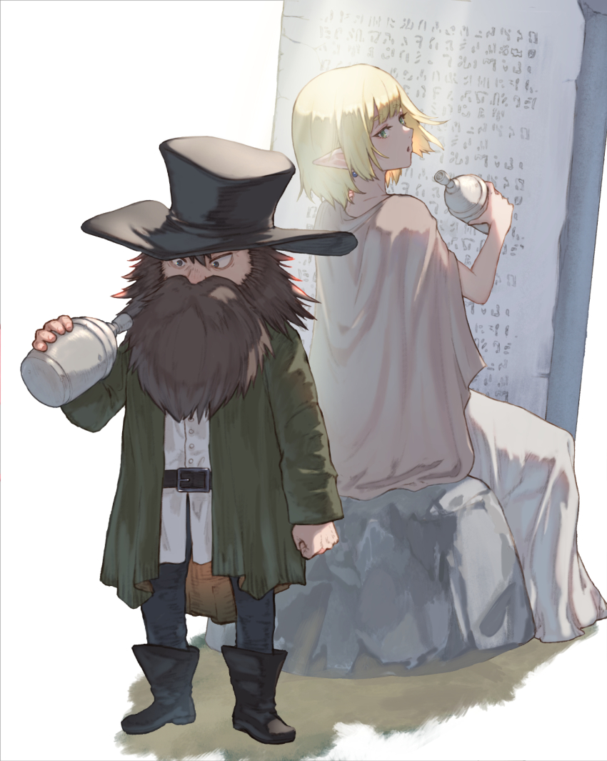 1boy, 1girl, alcohol, beard, belt, belt_buckle, black_belt, black_boots