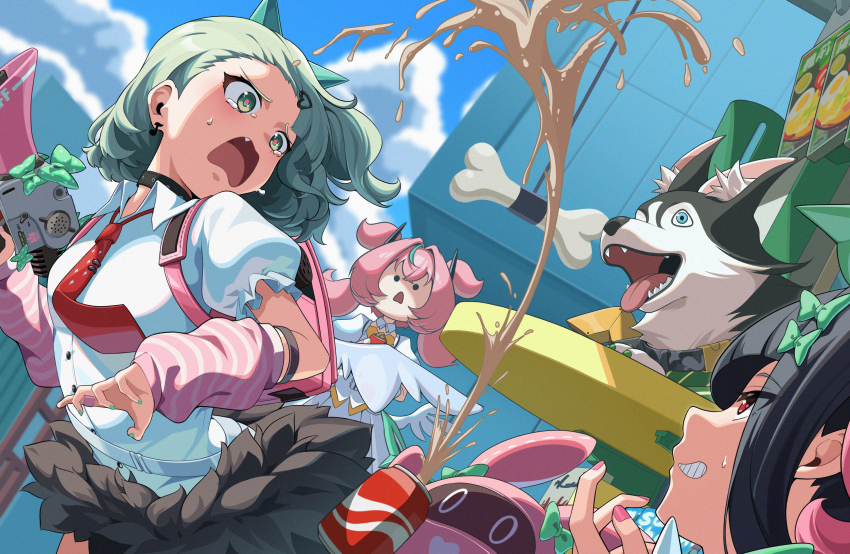 ._., 3girls, absurdres, angels_of_delusion, aria_(zenless_zone_zero), arm_warmers, bangboo_(zenless_zone_zero), black_choker, black_hair, black_skirt, blue_eyes, blue_sky, bone, bow, building, can, choker, cloud, collared_shirt, commentary_request, dog, drink_can, earrings, fang, green_bow, green_eyes, green_hair, green_nails, highres, holding, holding_megaphone, howl_(zenless_zone_zero), jewelry, megaphone, multiple_girls, musical_note_earrings, nangong_yu, open_mouth, outdoors, pink_bag, pink_hair, red_eyes, shirt, skirt, sky, striped_arm_warmers, sunna_(zenless_zone_zero), suzuushi, sweatdrop, white_shirt, zenless_zone_zero