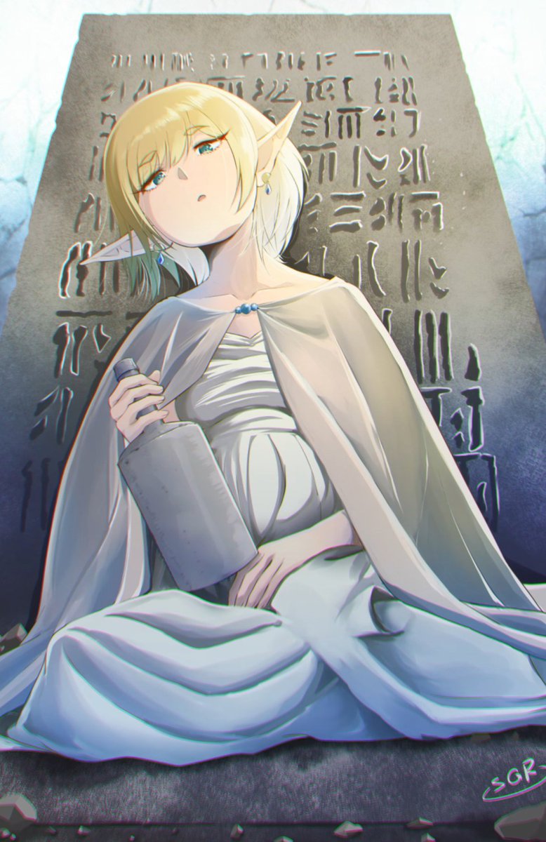 1girl, alcohol, artist_name, blonde_hair, bottle, cape, collarbone, commentary_request