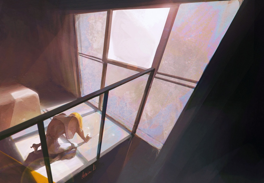 1girl, astrianabla, bedroom, blonde_hair, clothing_request, commentary, disco_elysium, from_above