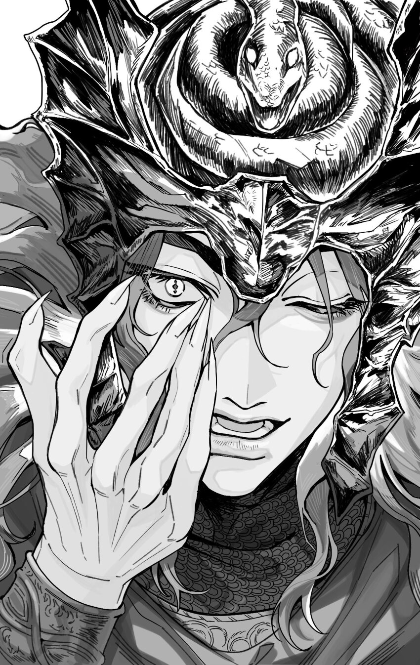 1boy, arm_up, armor, chainmail, cloak, commentary, elden_ring, elden_ring:_shadow_of_the_erdtree, english_commentary, fingernails, greyscale, helmet, highres, long_hair, looking_at_viewer, male_focus, messmer_the_impaler, monochrome, one_eye_closed, open_mouth, portrait, sharp_fingernails, slit_pupils, snake, suuukido1987, white_background
