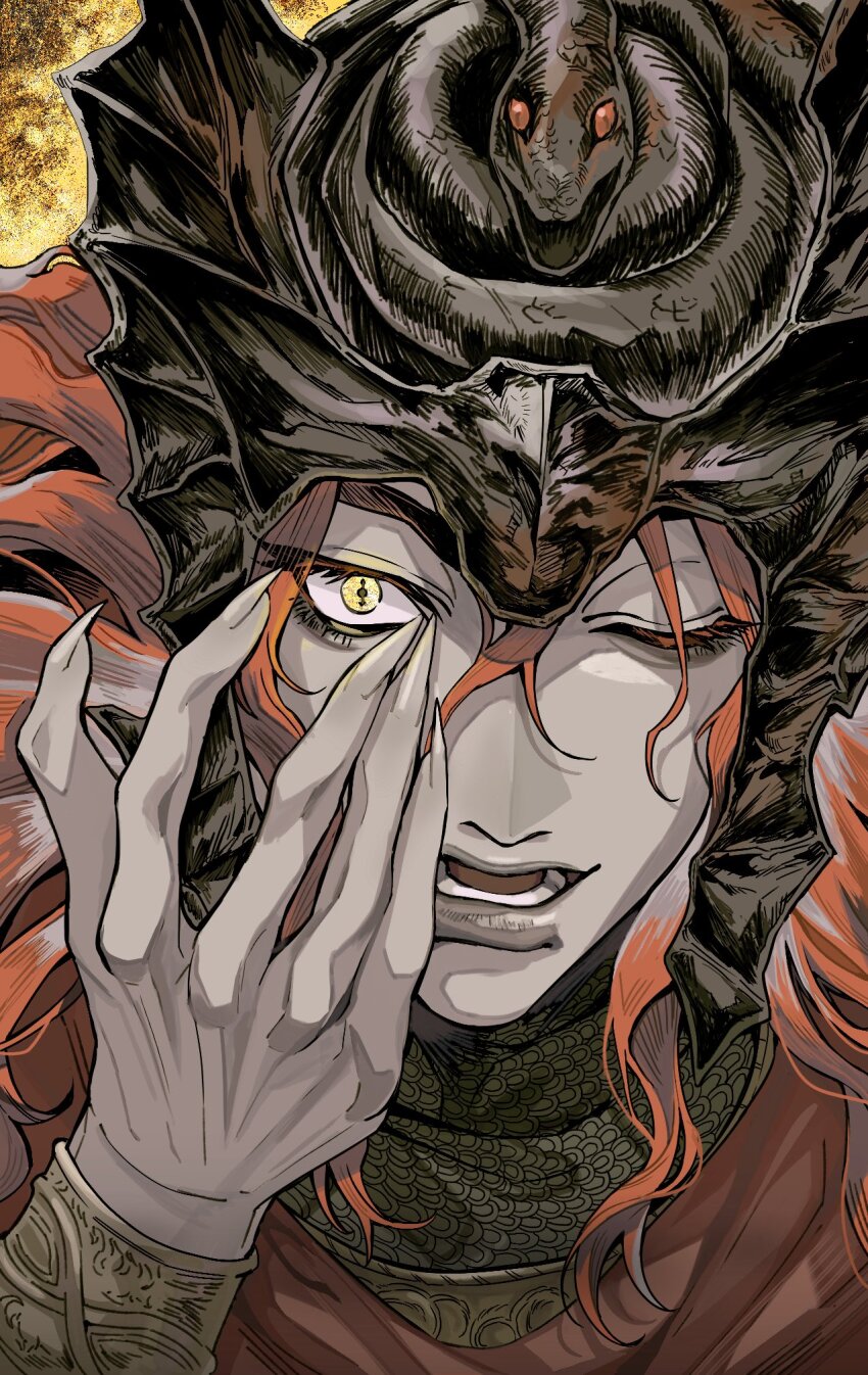 1boy, arm_up, armor, chainmail, cloak, commentary, elden_ring, elden_ring:_shadow_of_the_erdtree, english_commentary, eyelashes, fingernails, helmet, highres, long_hair, looking_at_viewer, male_focus, messmer_the_impaler, one_eye_closed, open_mouth, portrait, red_hair, sharp_fingernails, slit_pupils, snake, solo, suuukido1987, yellow_eyes