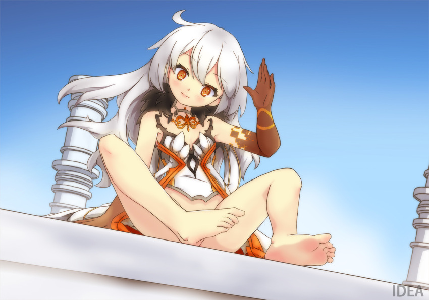 1girl, aged_down, ahoge, artist_name, asmoday_(genshin_impact), bare_shoulders, barefoot, blue_sky, body_markings, breasts, celtic_knot, cleavage, closed_mouth, cloud, cloudy_sky, colored_skin, commentary, cuteidea, feet, flat_chest, foot_focus, formal_clothes, full_body, genshin_impact, hair_between_eyes, hand_up, head_tilt, light_blush, light_smile, loli, looking_at_viewer, multicolored_skin, no_panties, nude, on_ground, orange_eyes, outdoors, pillar, side_ahoge, sitting, sky, solo, suit, two-tone_skin, waving_hands, wavy_hair, white_hair