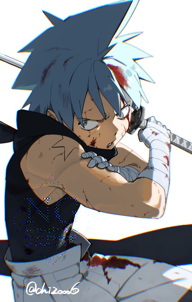 1boy, black_shirt, black_star, blood, blood_on_clothes, blood_on_face, blue_eyes, blue_hair
