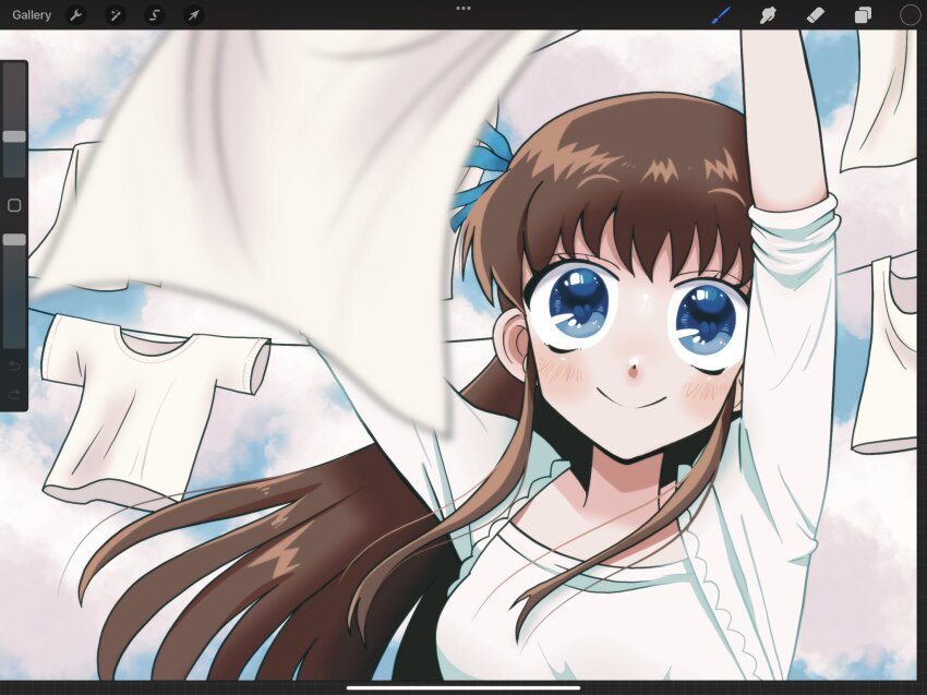 1girl, art_program_in_frame, blue_eyes, blue_sky, brown_hair, closed_mouth, clothesline, commentary