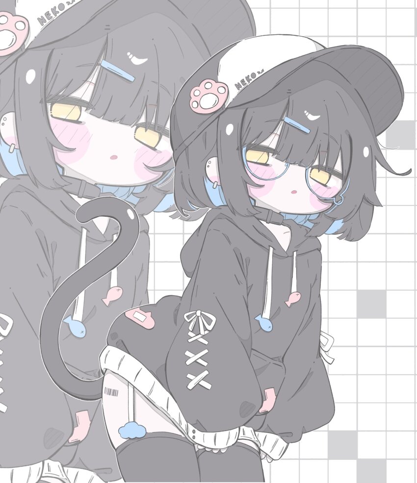 1girl, :o, bandaid, bandaid_on_clothes, barcode, barcode_tattoo, baseball_cap, black_collar, black_hair, black_hoodie, black_thighhighs, blue-framed_eyewear, blue_hair, blush_stickers, cat_tail, collar, colored_inner_hair, commentary_request, cowboy_shot, different_zoom_layer, drawstring, ear_piercing, garter_straps, glasses, hair_ornament, hairclip, hat, highres, hood, hood_down, hoodie, izumi_(yura_izumi), leaning_forward, long_sleeves, looking_at_viewer, multicolored_hair, no_pupils, original, paw_hat_ornament, piercing, puffy_sleeves, short_hair, sidelocks, sleeves_past_wrists, tail, tattoo, teardrop-framed_glasses, thighhighs, two-tone_hair, white_garter_straps, yellow_eyes
