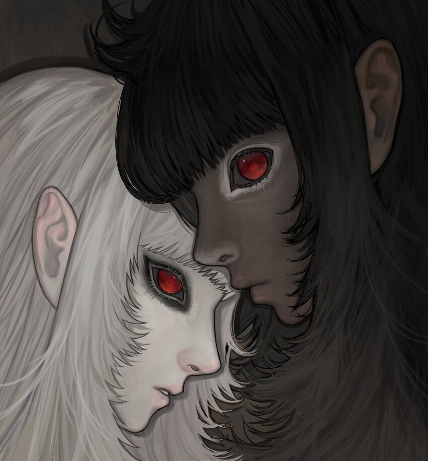 2others, absurdres, black_hair, blunt_bangs, colored_sclera, colored_skin, commentary, dark_skin