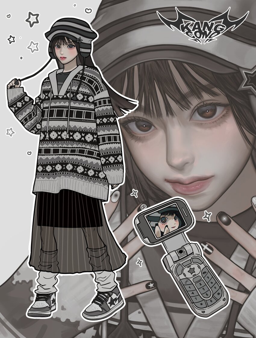 1girl, absurdres, black_skin, blunt_ends, blush, brown_eyes, cellphone, colored_skin