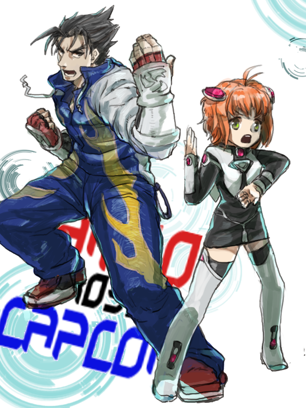 00s, 1boy, 1girl, antenna_hair, beckoning, black_hair, capcom, company_connection, crossover, fighting_stance, fingerless_gloves, gloves, green_eyes, kazama_jin, momo_mizrahi, namco, namco_x_capcom, orange_hair, short_hair, spiked_hair, tekken, track_suit, velnar, xeno_(series), xenosaga