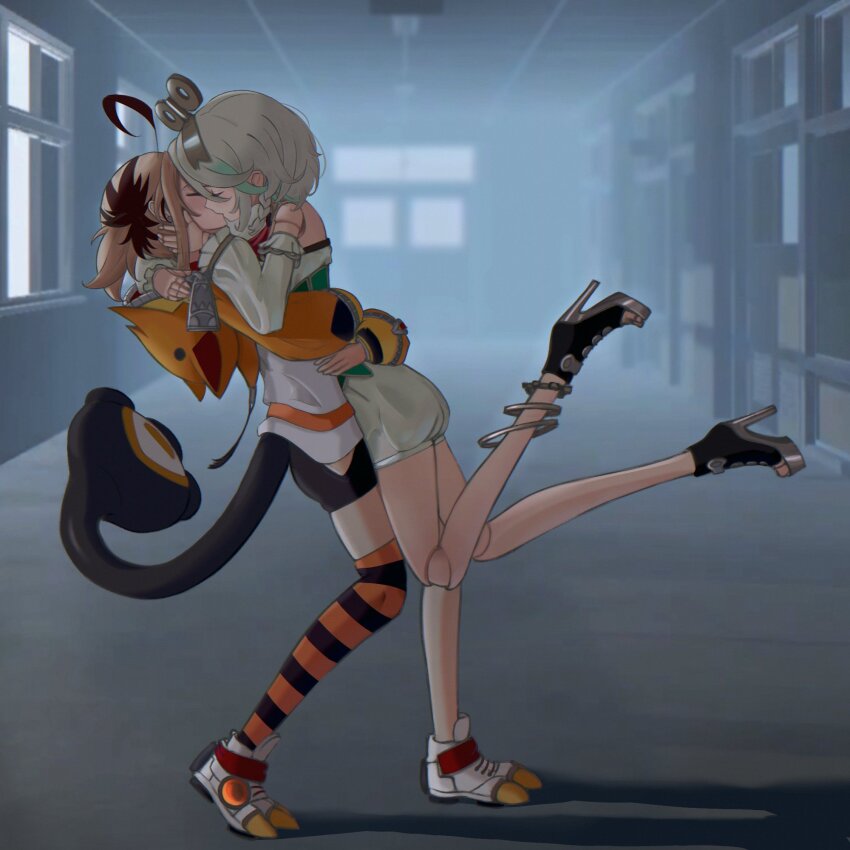 2girls, ahoge, brown_hair, cecilia_immergreen, cecilia_immergreen_(1st_costume), colored_inner_hair, commentary, detached_collar, detached_sleeves, doll_joints, english_commentary, gigi_murin, gigi_murin_(1st_costume), green_hair, grey_hair, high_heels, highres, hololive, hololive_english, hood, hoodie, indoors, joints, kiss, multicolored_hair, multiple_girls, short_hair, squaerart, streaked_hair, tail, two-tone_hair, virtual_youtuber, winding_key, yuri