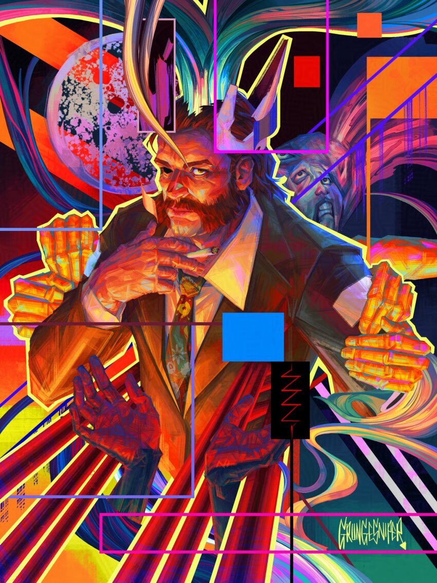 1boy, black_sclera, blazer, body_horror, brown_hair, character_request, cigarette, collared_shirt