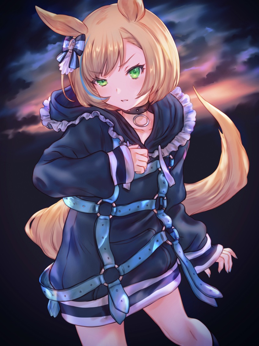 1girl, animal_ears, blonde_hair, blue_hoodie, blush, bow, breasts, choker