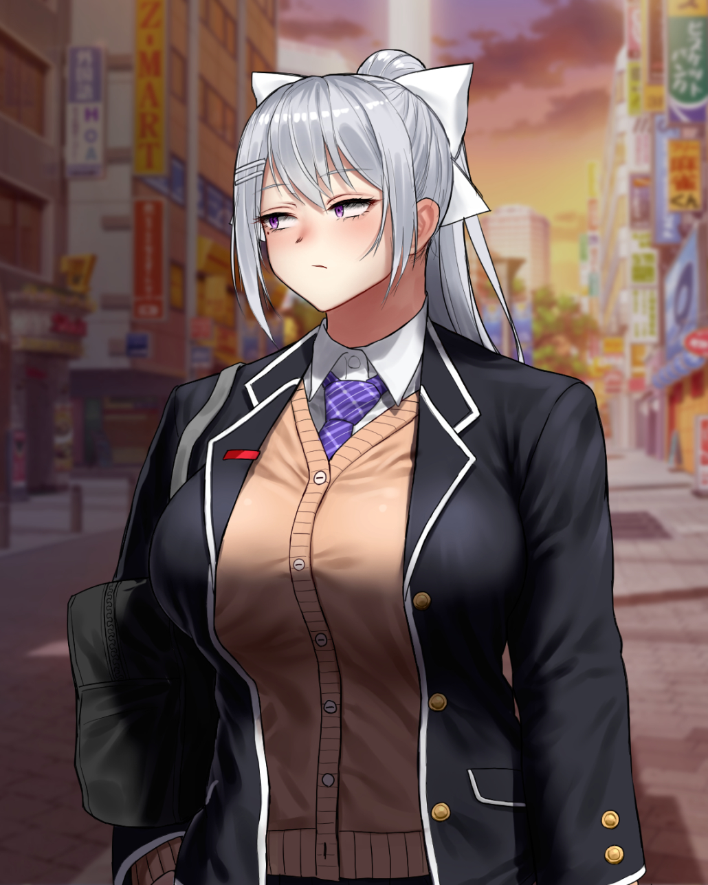 1girl, averting_eyes, bag, black_jacket, blazer, blurry, blurry_background, breasts