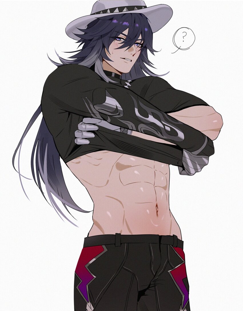 1boy, ?, abs, ashveil_(honkai:_star_rail), black_hair, black_pants, black_shirt, blush