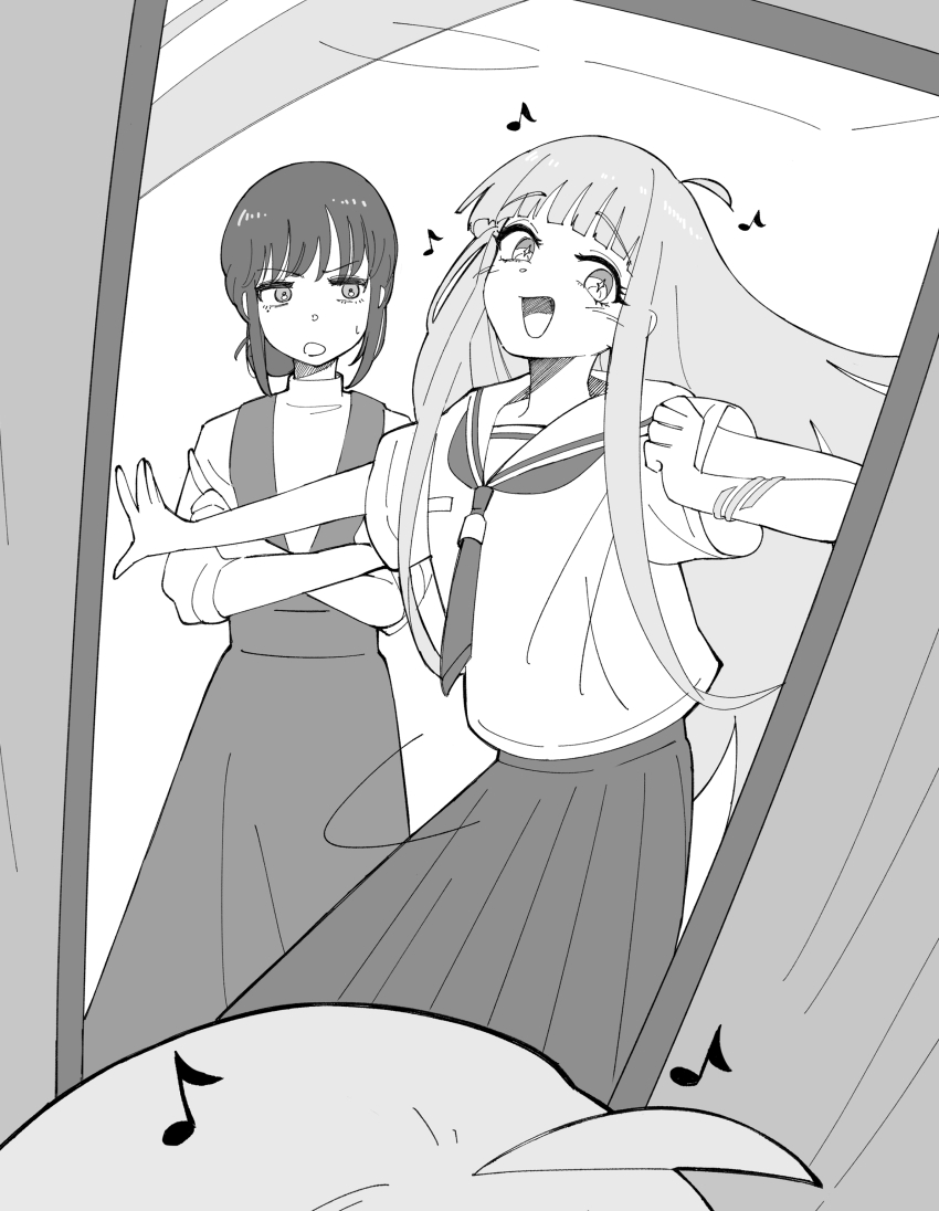 2girls, :d, absurdres, ahoge, cho_kaguya-hime!, commentary_request, cosplay, crossed_arms, eighth_note, full-length_mirror, greyscale, hair_bun, highres, itsumeee3, kaguya_(cho_kaguya-hime!), long_hair, long_skirt, looking_at_viewer, mirror, monochrome, multiple_girls, musical_note, neckerchief, open_mouth, pleated_skirt, reflection, reflection_focus, sailor_collar, sakayori_iroha, sakayori_iroha_(cosplay), school_uniform, serafuku, short_sleeves, single_side_bun, skirt, smile, sweater, turtleneck, turtleneck_sweater, v-shaped_eyebrows, very_long_hair