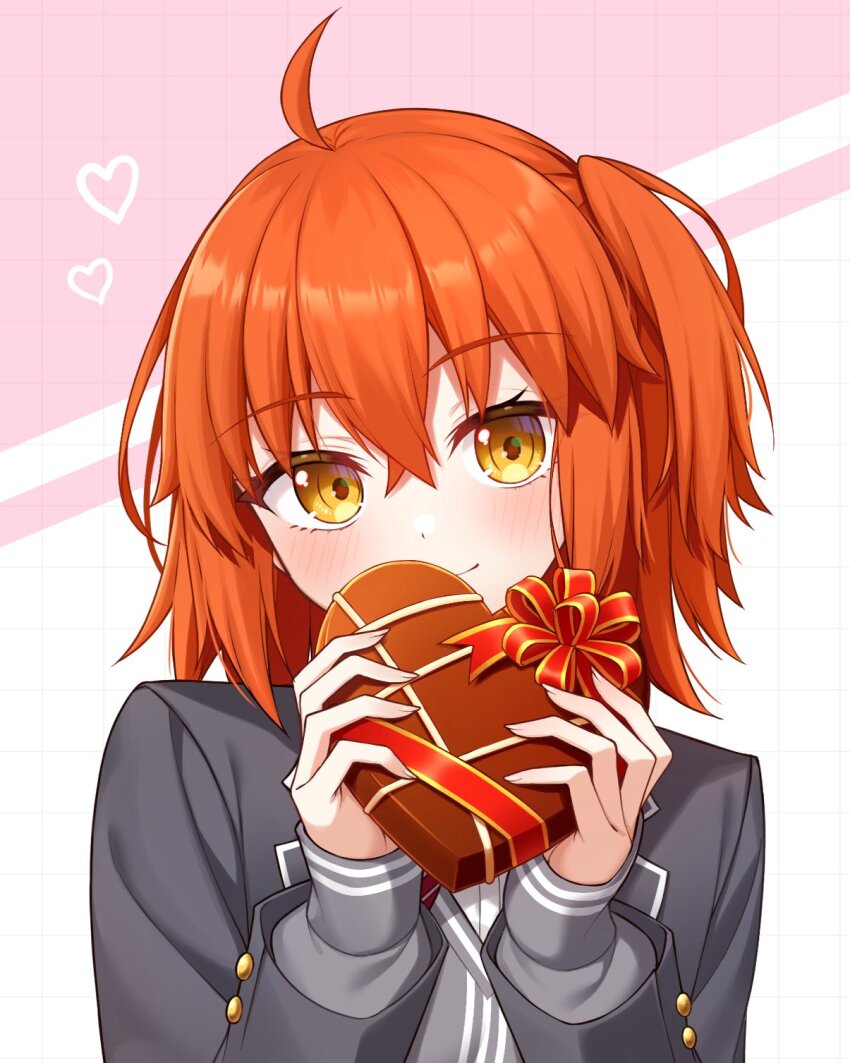 1girl, ahoge, black_jacket, blush, breasts, candy, chocolate, chocolate_heart