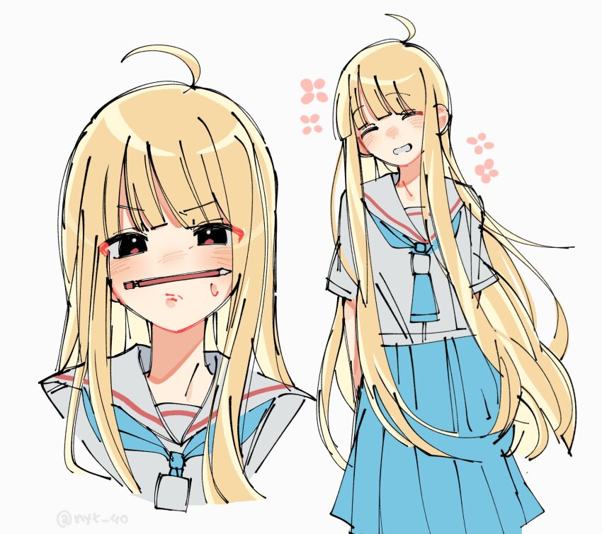 1girl, ^_^, ahoge, balancing_on_nose, blonde_hair, blue_neckerchief, blue_skirt, blush