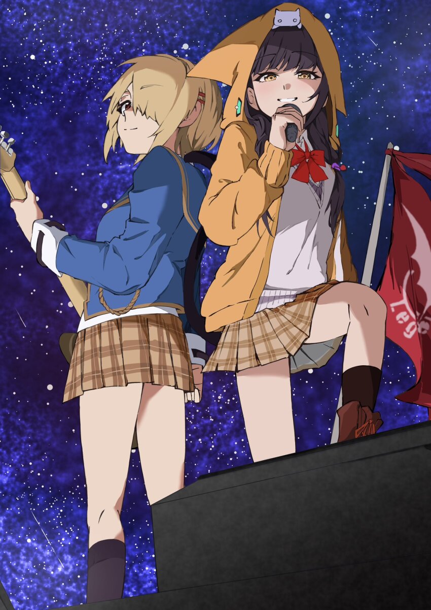 2girls, asakura_karen_(heaven_burns_red), asngi_1027hana, black_hair, bow, bowtie, brown_hair, flag